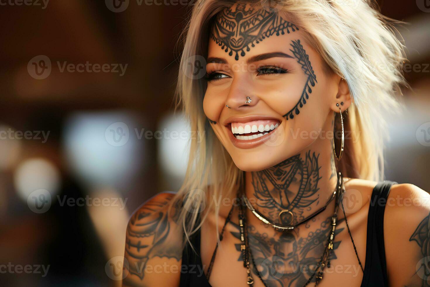 AI Generative. Healthy teeth and a beautiful wide smile of a young blonde woman with tattoos on her face and body photo