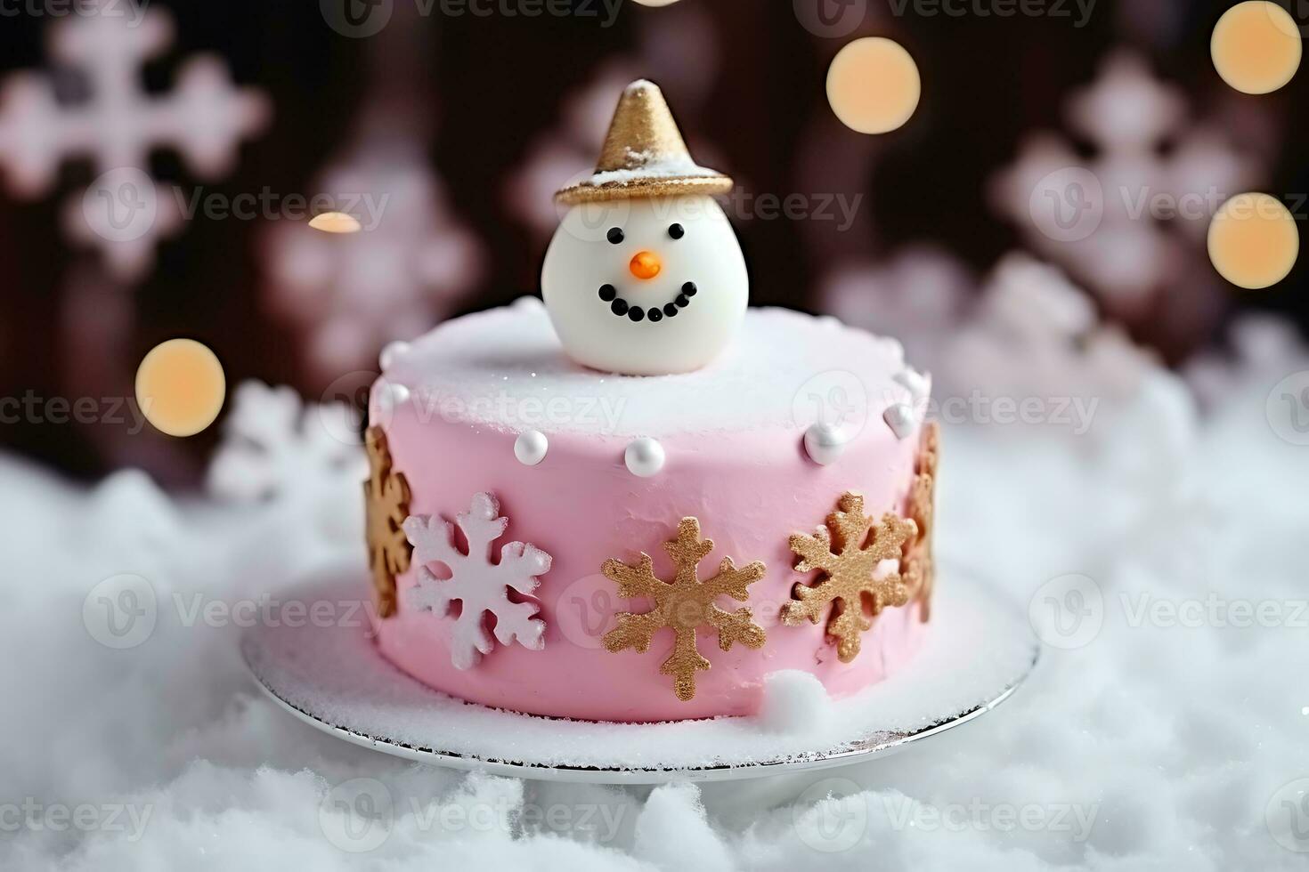 AI generative. Christmas pink cake decorated with snowflakes and snowman photo