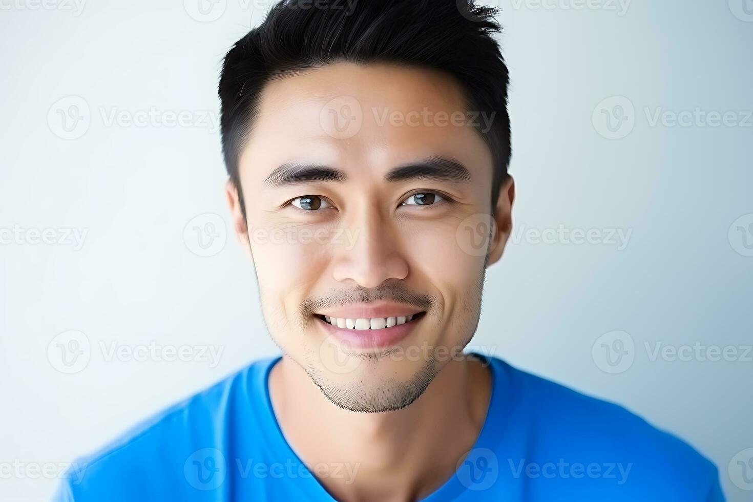 Young Asian man in a blue t-shirt posing against a white background. Man looking at camera and smiling. AI Generative photo