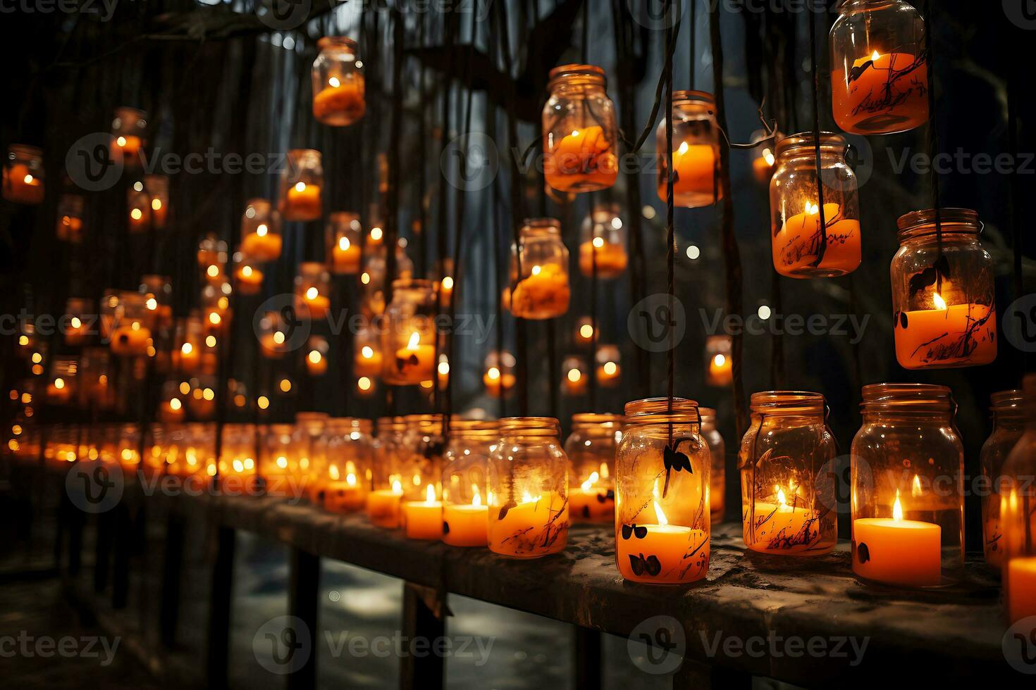 The interior of the room is decorated with many candles in jars. Candles are on the table and hanging above the table. AI Generative photo