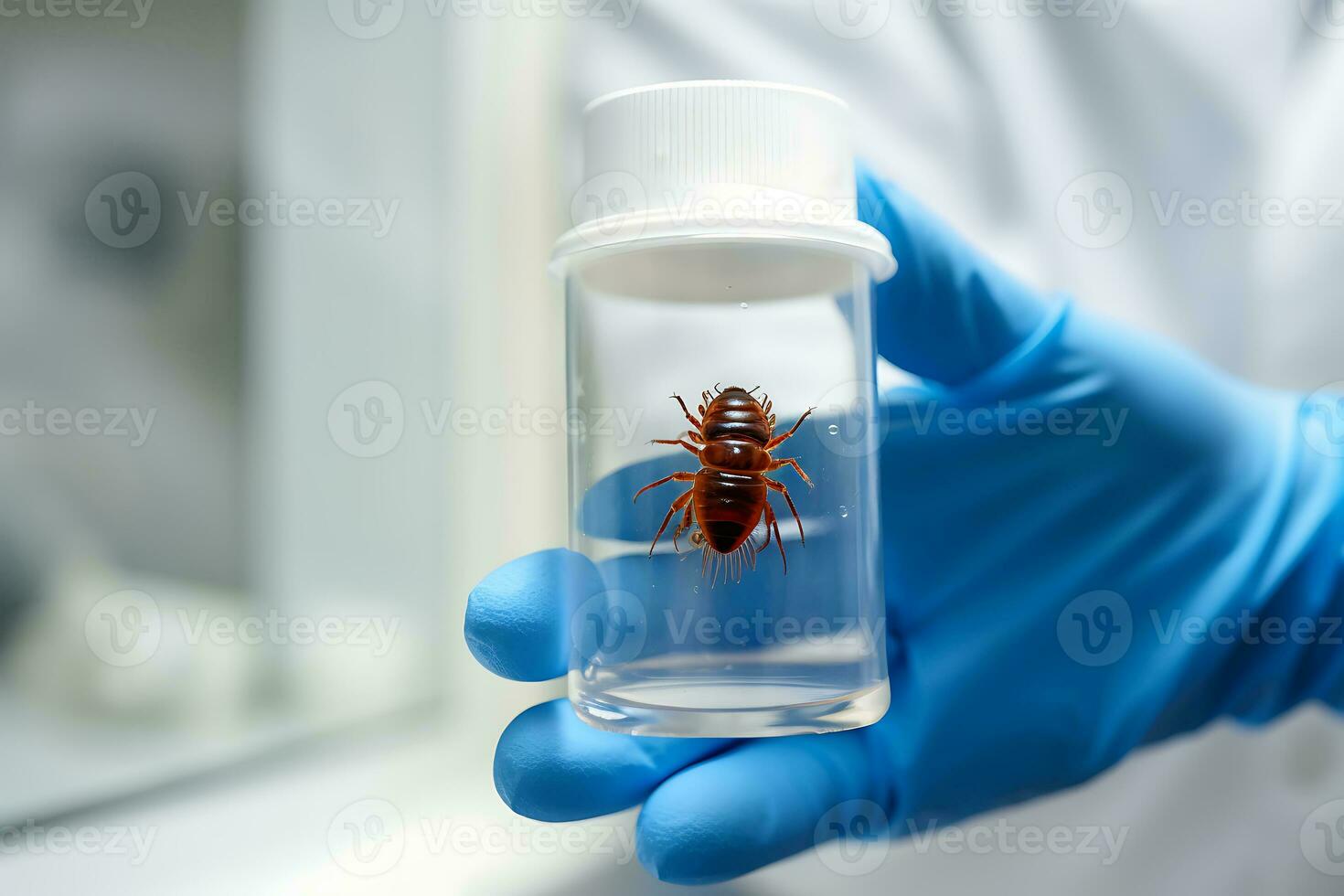 ai generativo. un el plastico envase con un ácaro en el manos de un entomólogo en azul guantes. foto