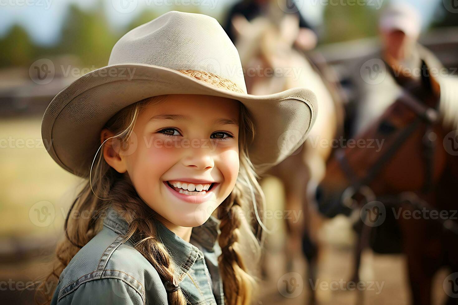 AI Generative. A cowgirl child in a light cowboy hat poses against the backdrop of grazing horses. The girl looks at the camera and smiles. Horizontal photo