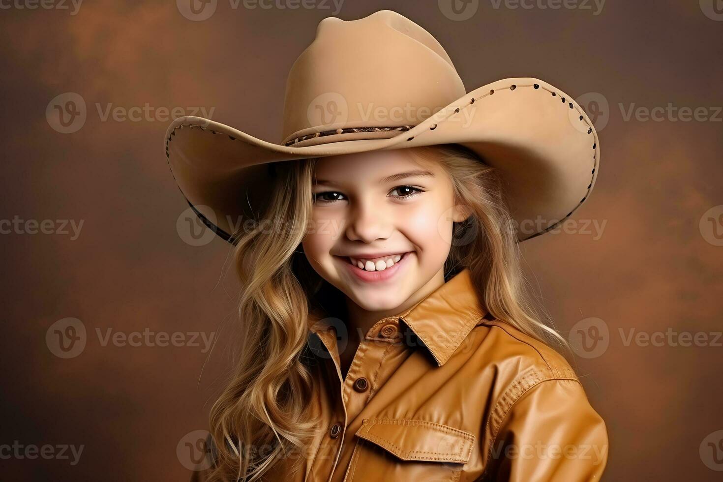 AI Generative.  Cowgirl child in light brown cowboy hat posing on brown background, smiling and looking at camera. Horizontal photo