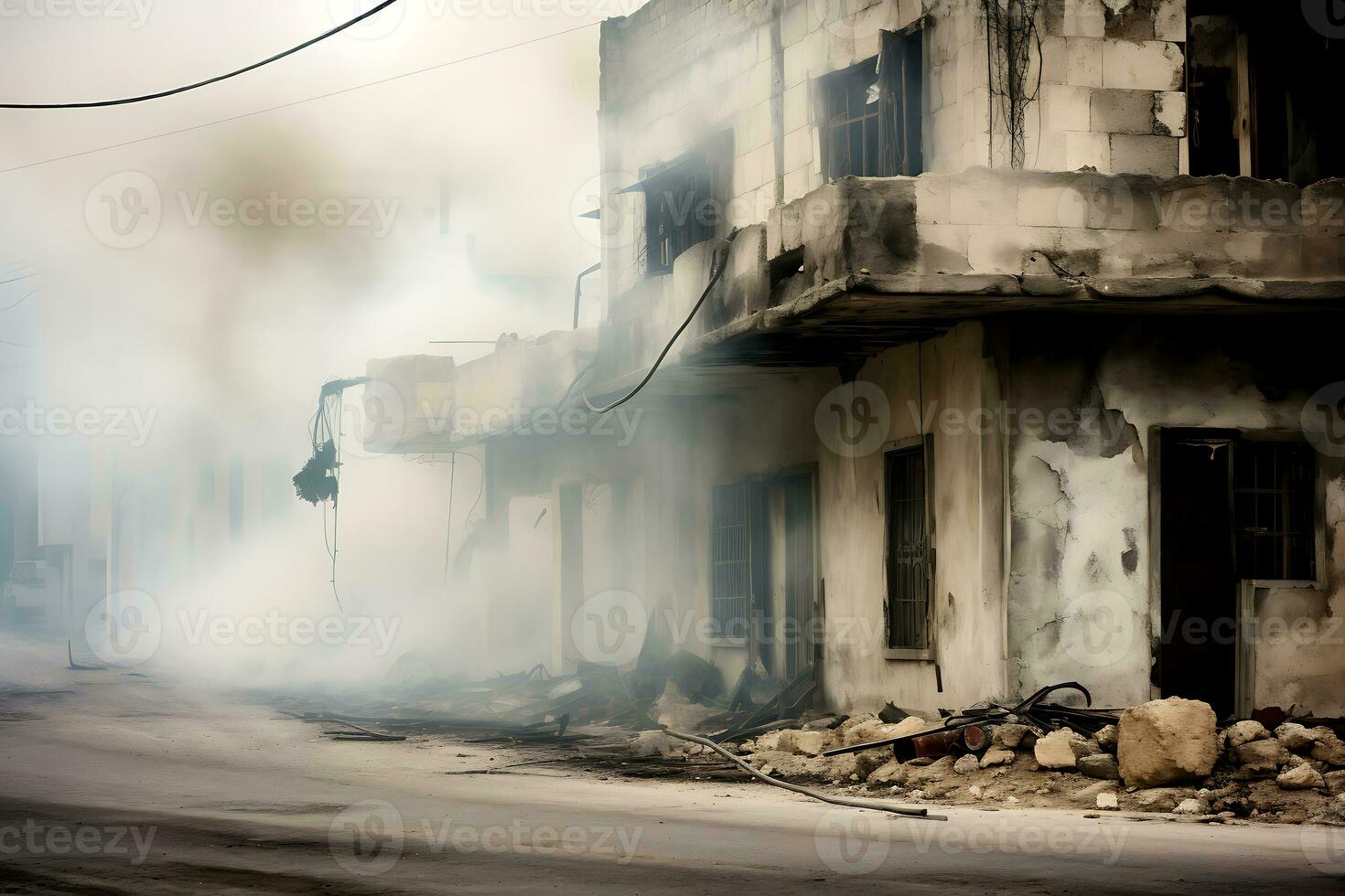 AI generative. Smoke around the destroyed building from bombs and missiles. Destroyed buildings, war, conflict photo