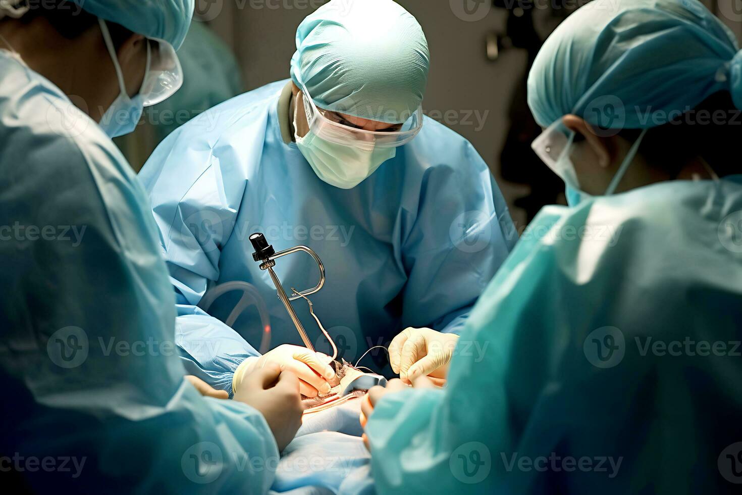 A group of surgeons performing an operation in a military hospital. AI Generative photo