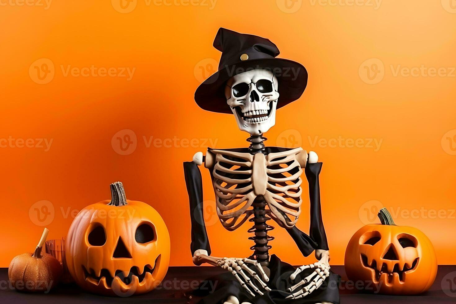 Skeleton in black hat and Halloween pumpkins on orange background. AI Generative photo