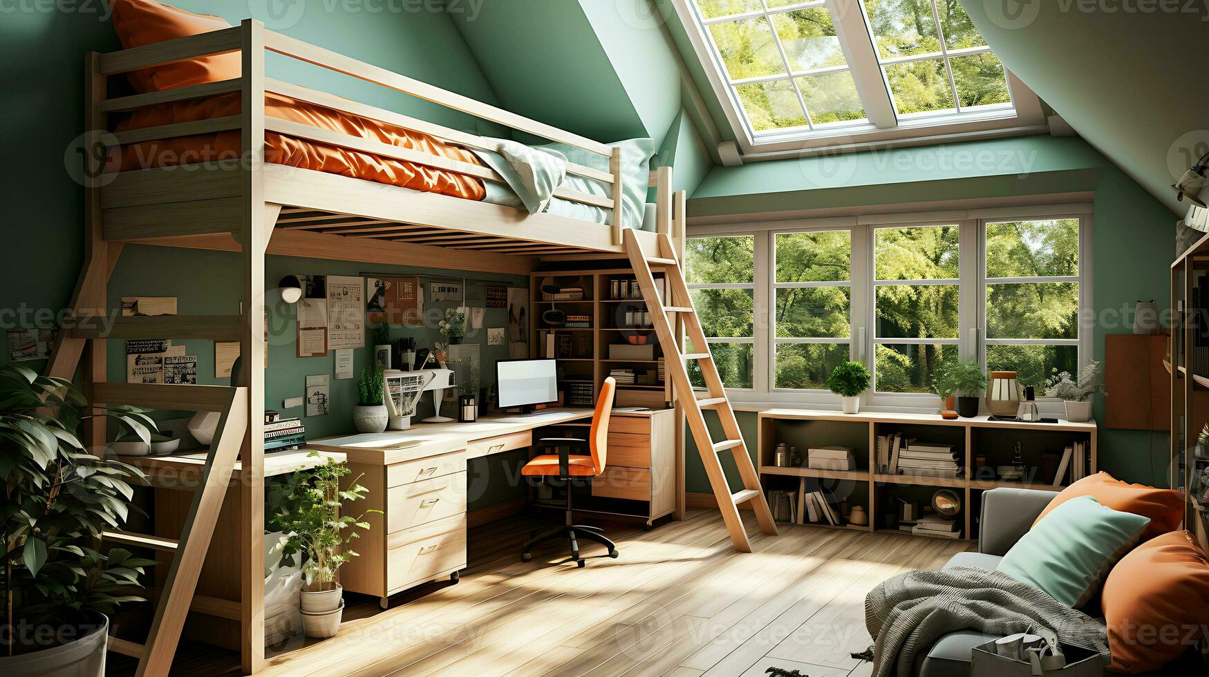 Beautiful, spacious and bright room for a teenager or student with a bed on the second floor and large windows. Room in green.AI Generative photo