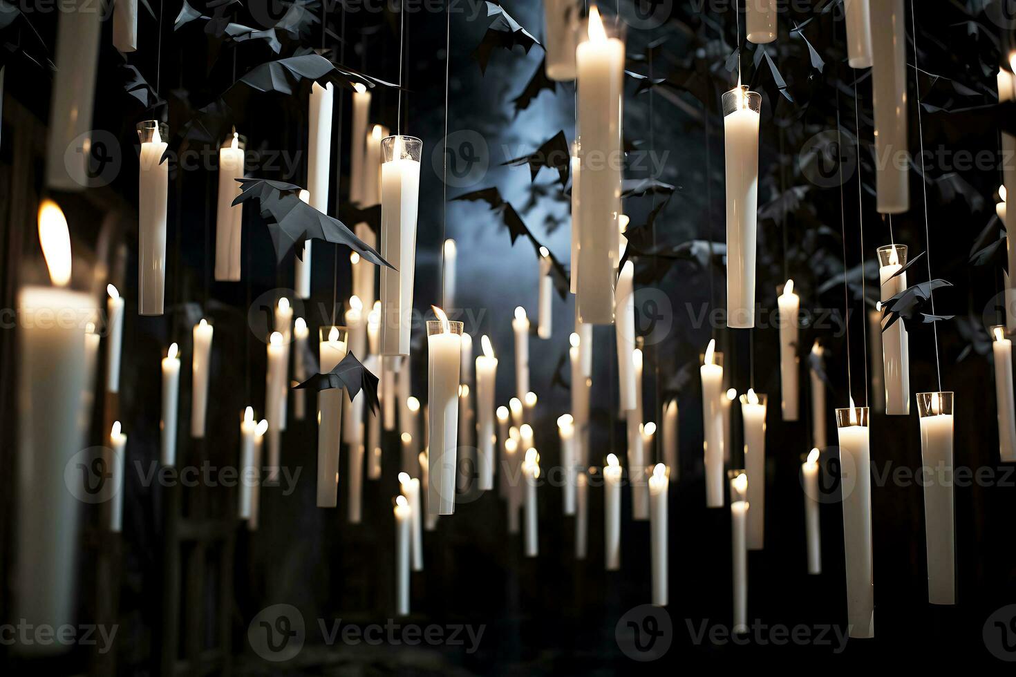 Long white candles float in the air. Halloween decor. AI Generative