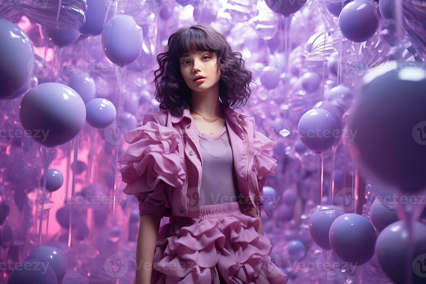 AI Generative. A slender model dressed in a purple suit and jacket with frills poses against the backdrop of a decor made of many balloons. Horizontal photo