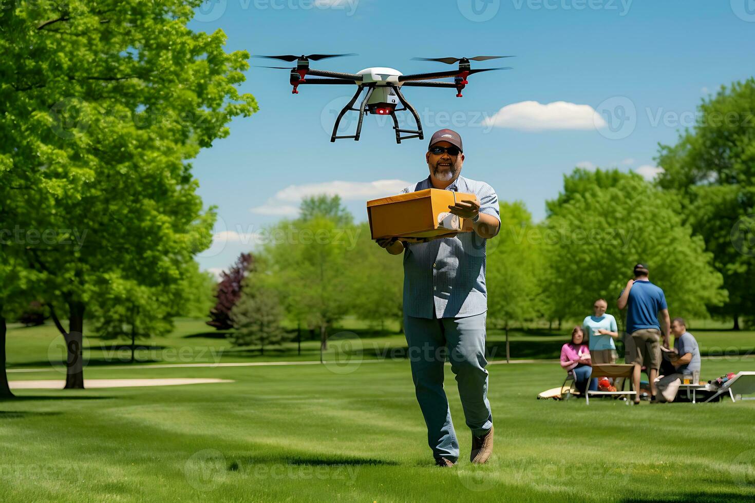 AI generative. A drone delivers food and drinks in a cardboard box to a picnic. photo