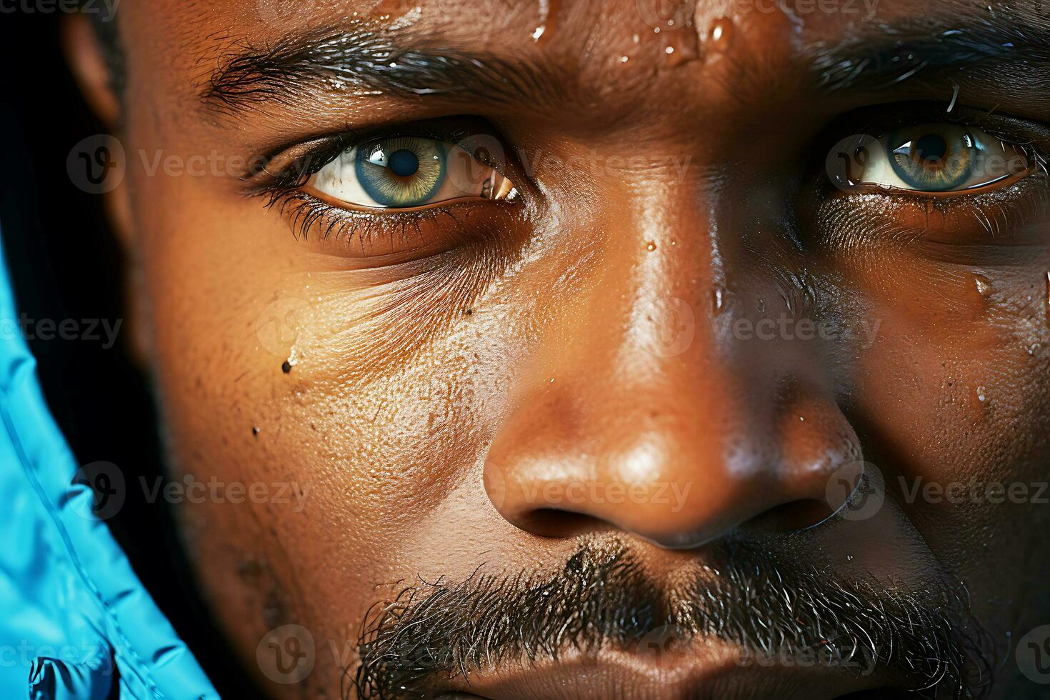 Close-up portrait of an African American man with green eyes. AI Generative photo