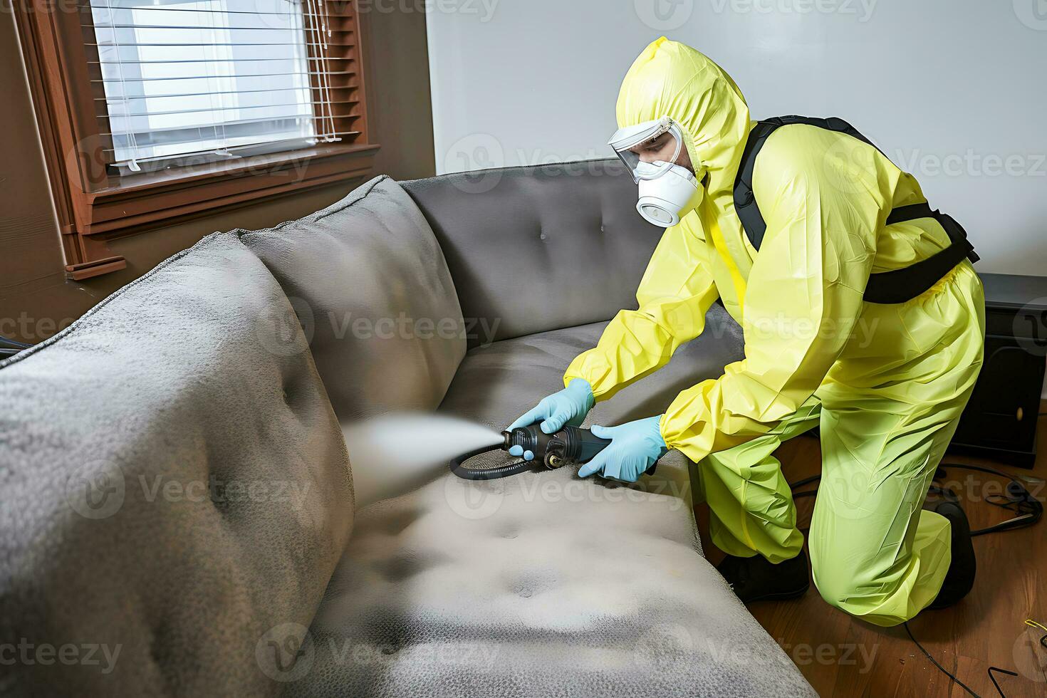 AI Generative. A disinfectant in a protective suit sprays furniture to