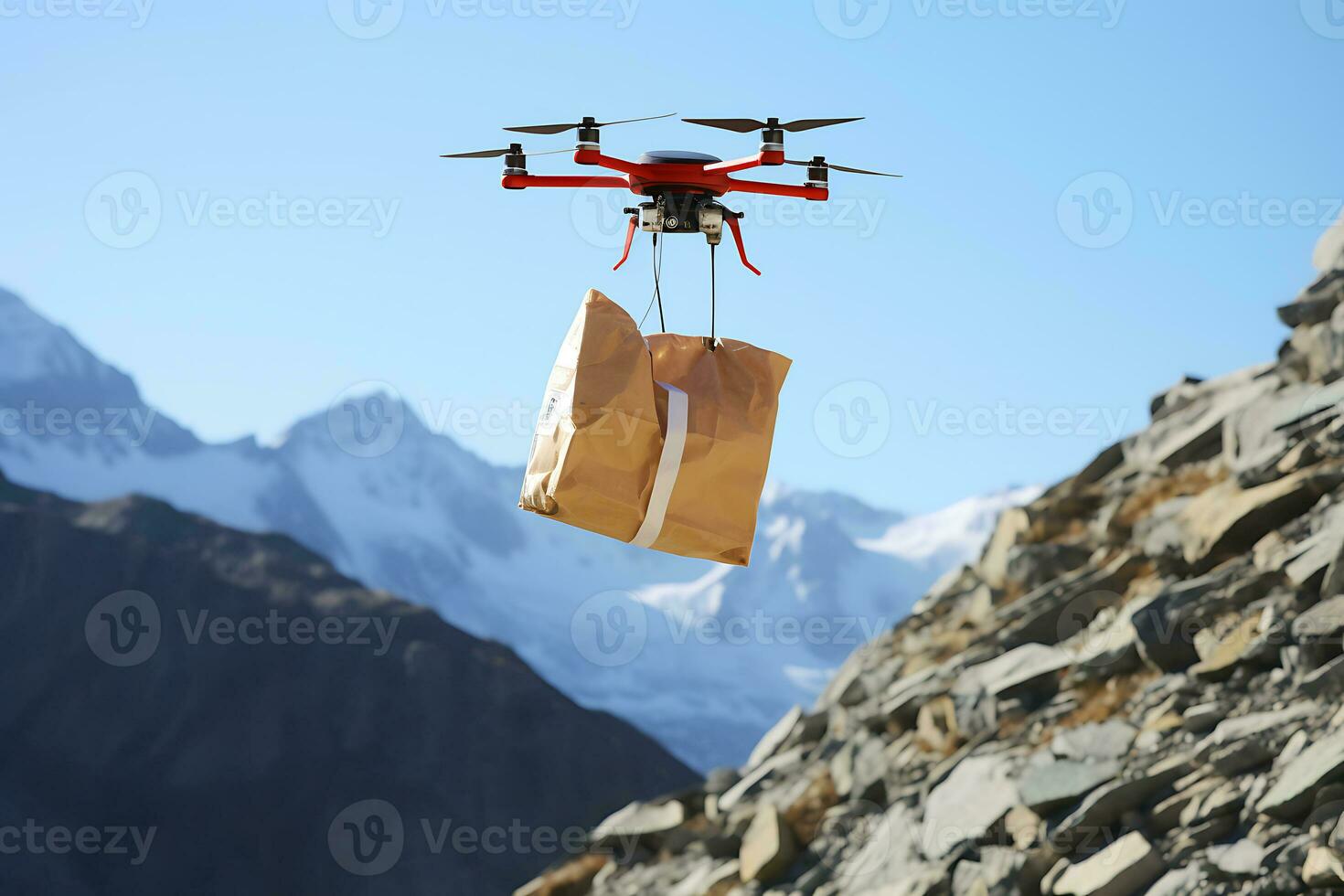 AI generative. A drone delivers an order or first aid in a package flying through the snowy mountain peaks in sunny weather photo