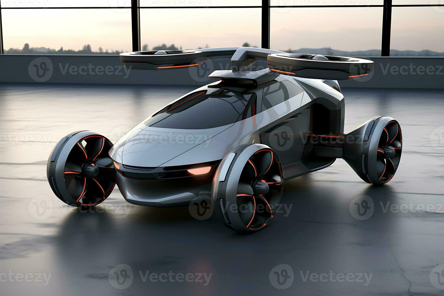 AI generative. Flying car, car and drone. The concept of transport of the future. photo