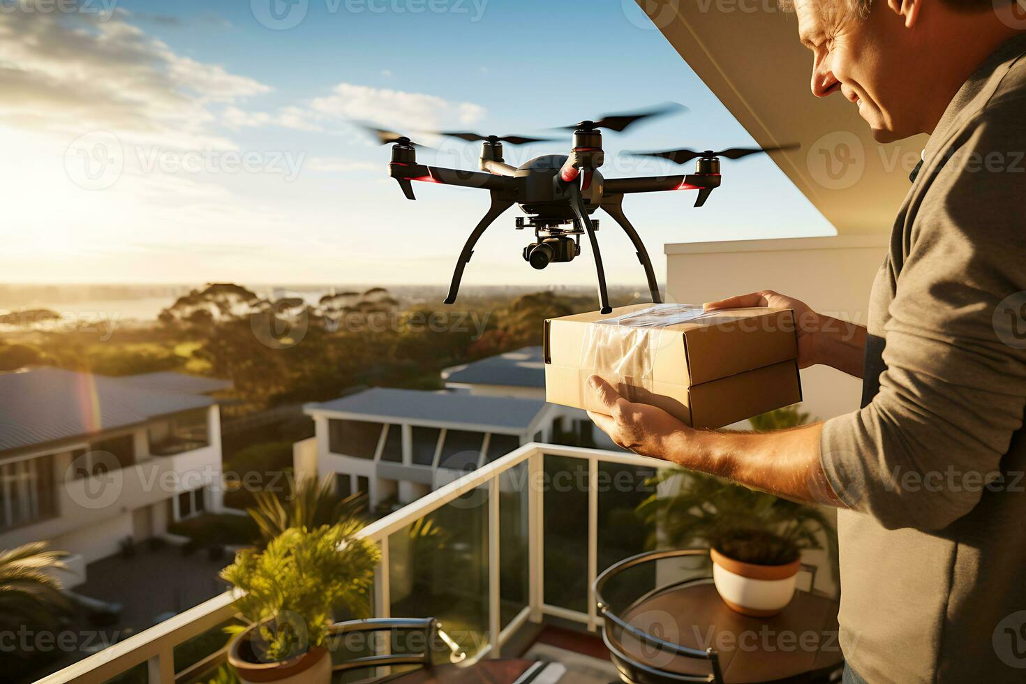 AI generative. A drone delivers food, drinks or medicine in a cardboard box to a male customer directly on the balcony. photo