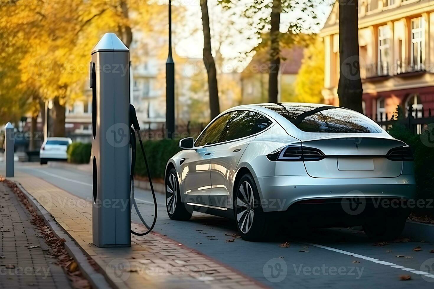 An electric car stands near an electric filling station. Autumn weather. AI Generative photo