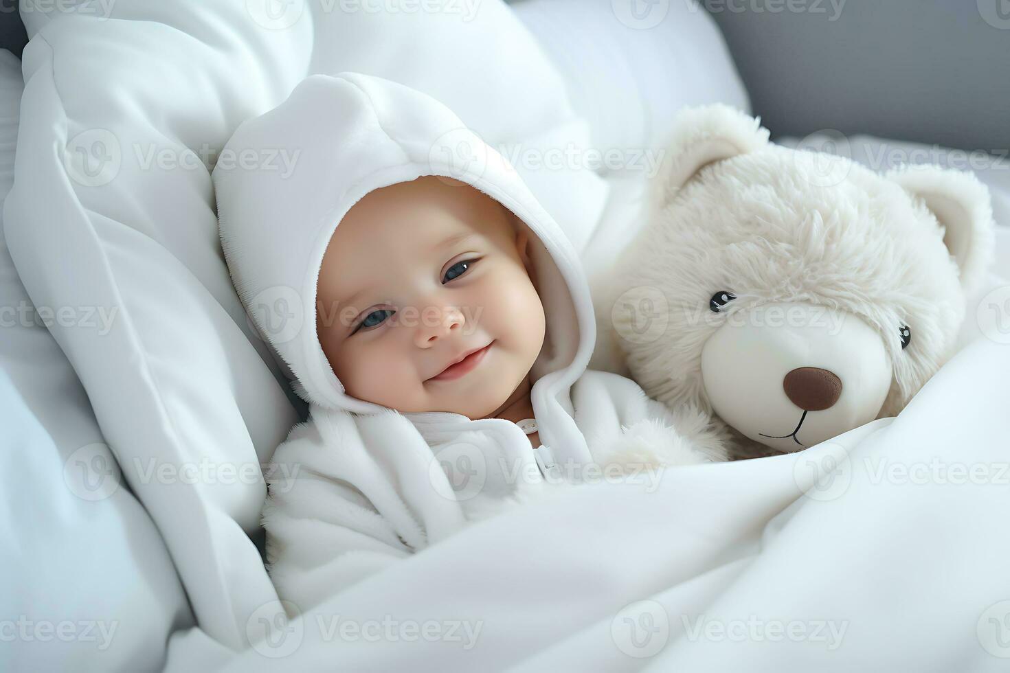 ai generativo. linda bebé con osito de peluche osos en el blanco cama, que cae dormido o despertar arriba en el mañana, gracioso recién nacido pequeño bebé a hogar con juguete. horizontal foto