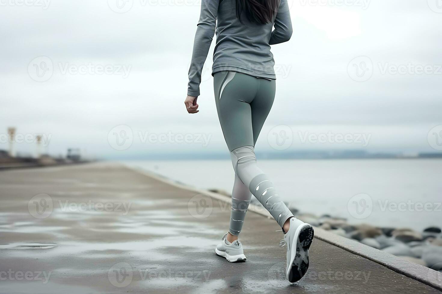 Woman in a gray tracksuit jogging along the seashore in cloudy foggy weather. AI Generative photo