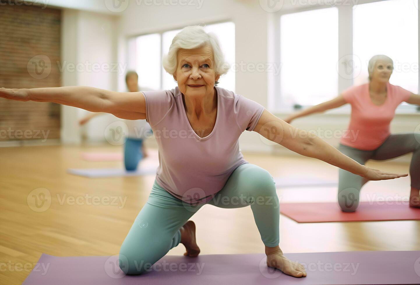 AI Generative. Elderly woman doing yoga in a fitness club. Horizontal photo