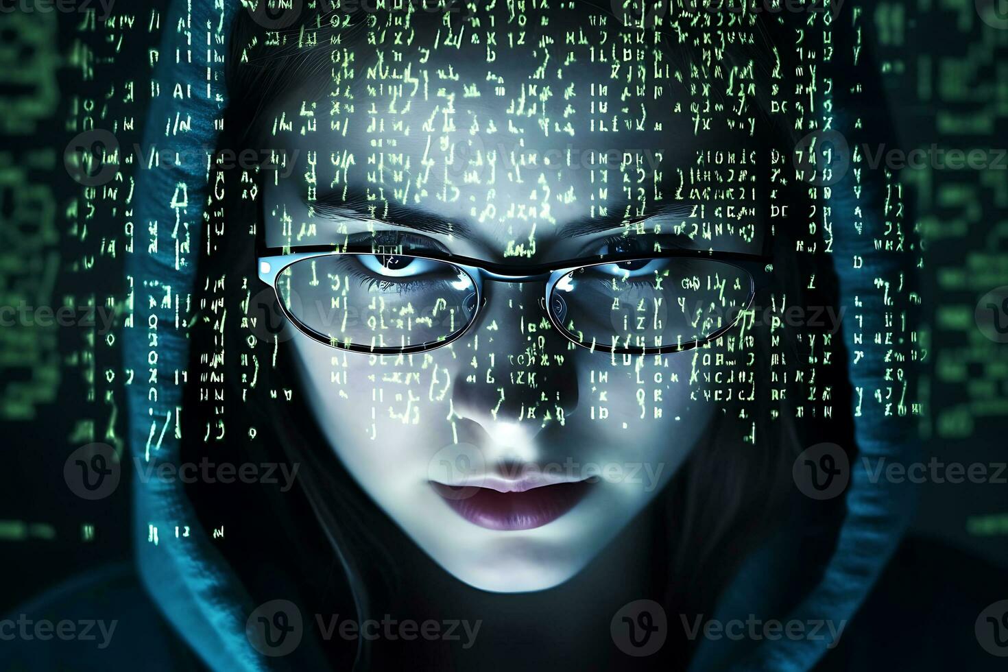 Close up of a beautiful girl's eyes with glasses while she is working with a computer and dates. AI Generative photo
