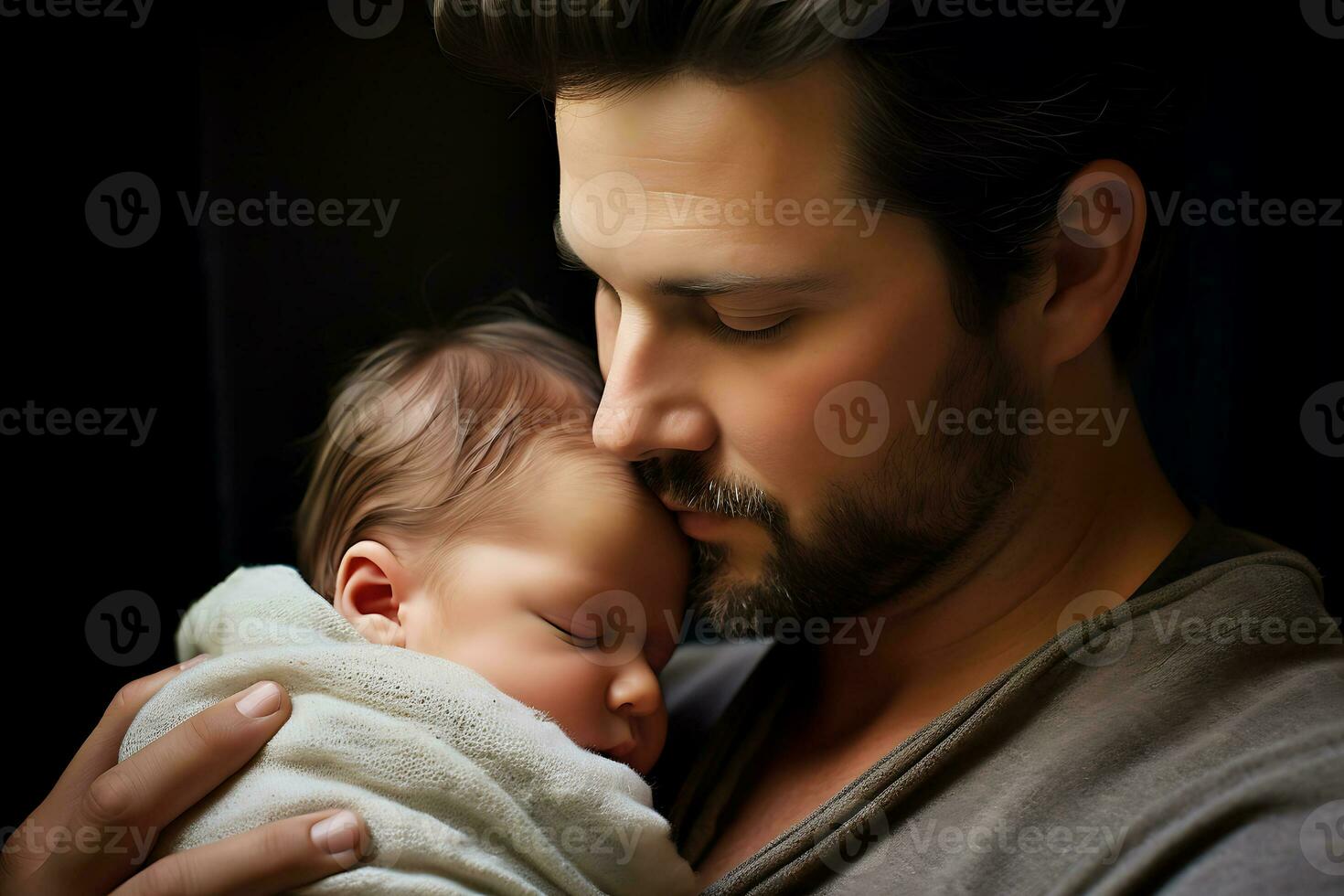 AI Generative. Young father hugs and kisses newborn baby. Horizontal photo