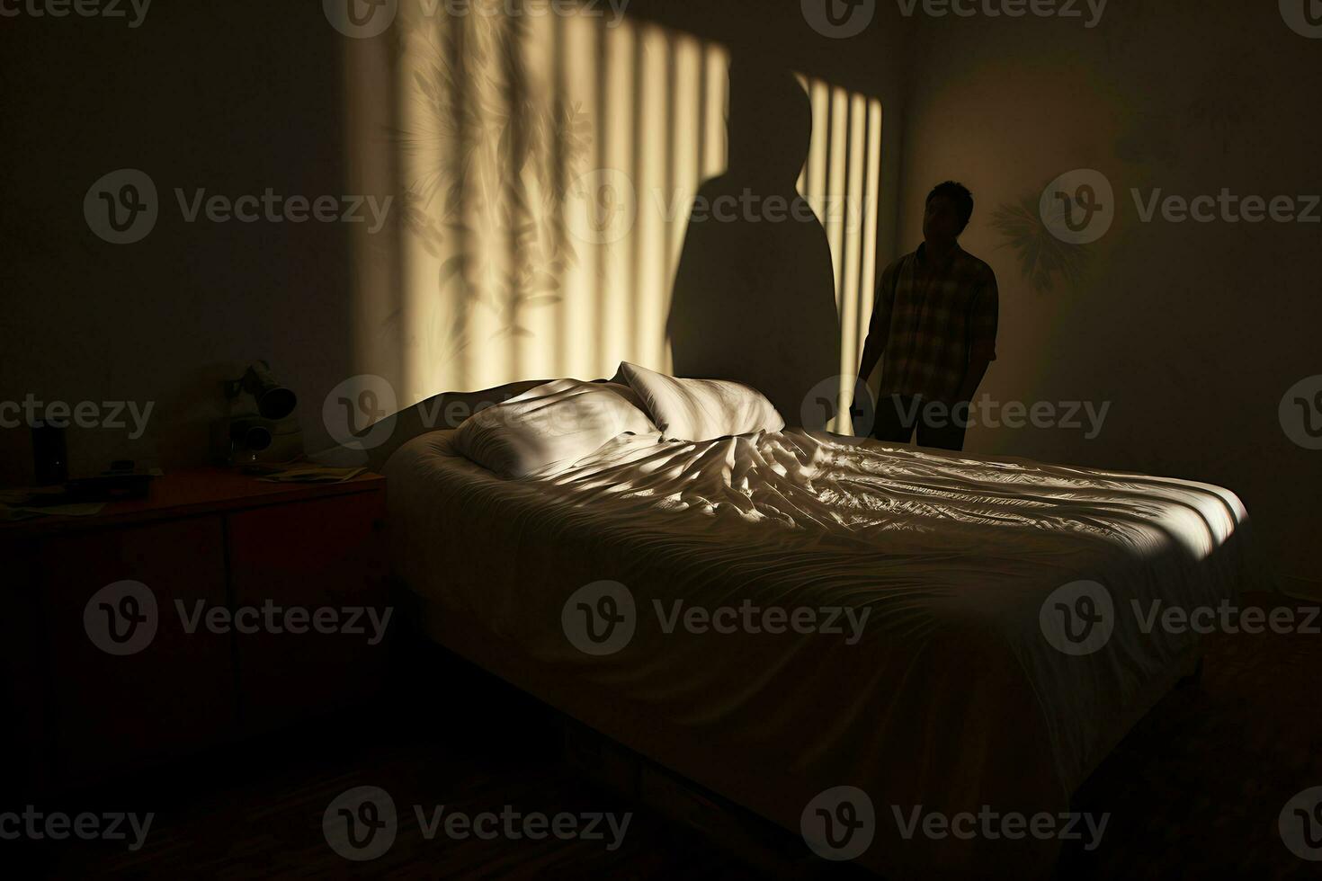 AI Generative. A lonely man in his bedroom wanders around the bed and cannot sleep photo