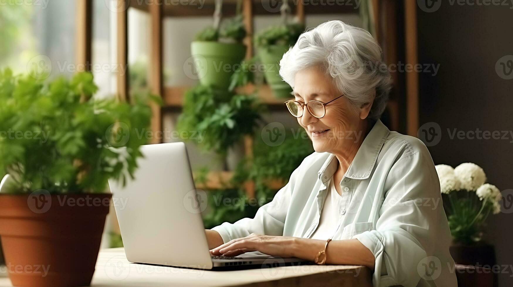 A beautiful pensioner woman looks into a laptop and smiles. A woman is sitting at home, studying something, chatting online or watching a video. AI Generative photo
