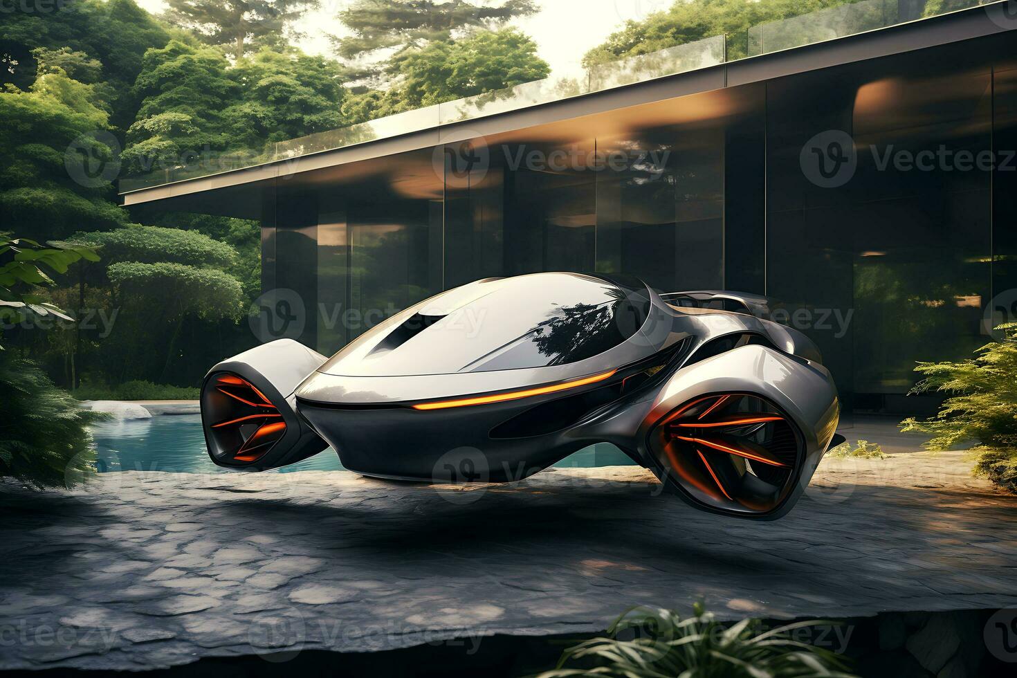AI generative. Self-driving passenger drone lands at a residential building, flying car photo