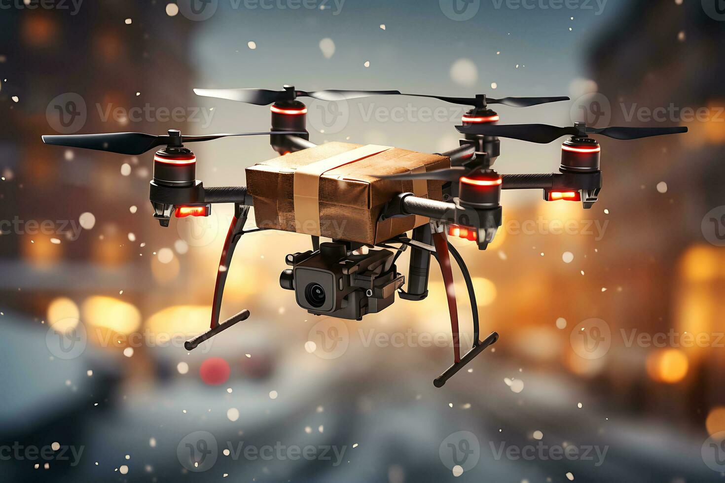 AI generative. A drone delivers a gift in golden packaging flying through the snowy city streets in the evening photo