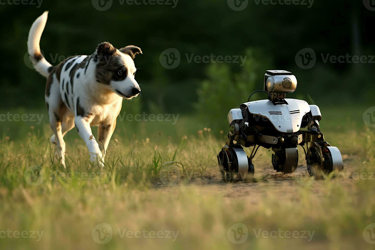 AI Generative. A dog and a small robot on wheels move together across a field during the daytime. Horizontal photo
