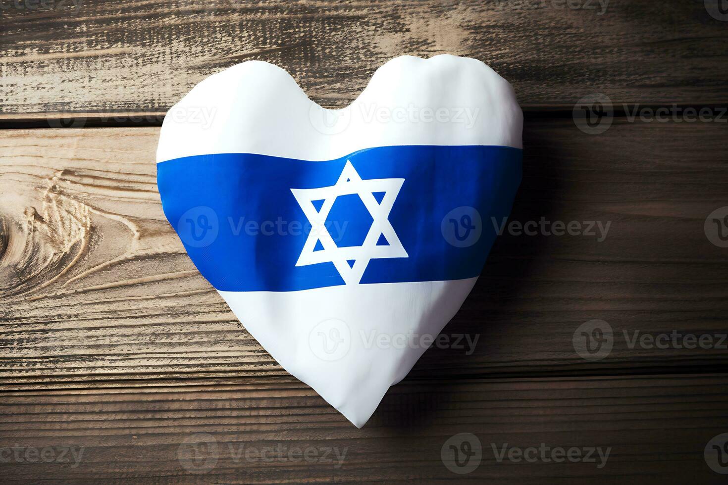 AI generative. Star of David on a blue and white heart on a wooden background. View from above photo