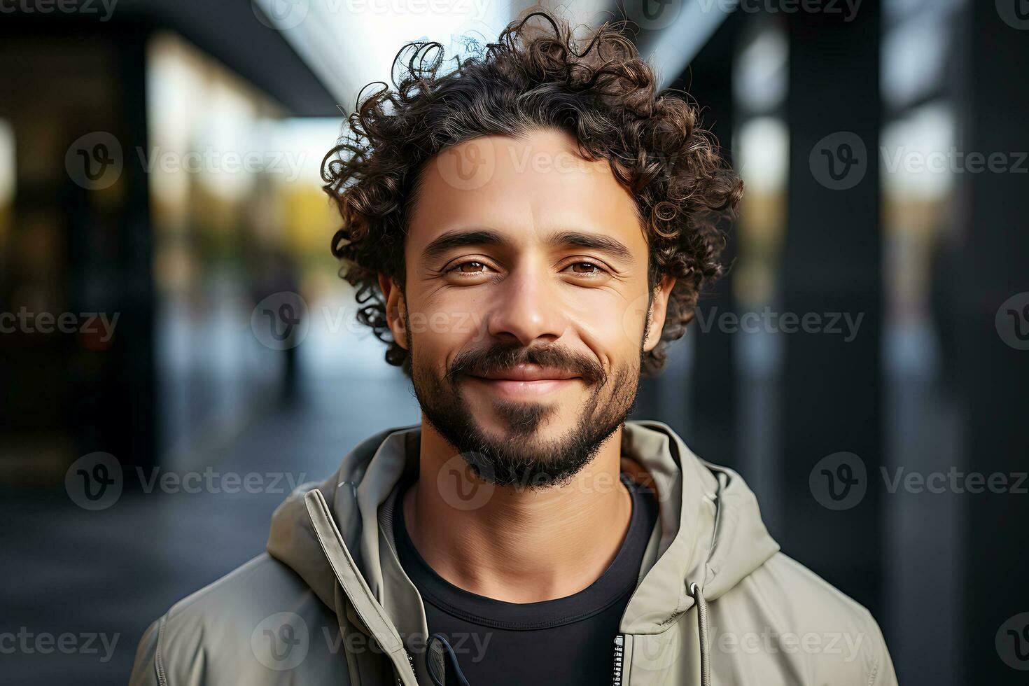 Portrait of a young man with curly dark hair, mustache, beard and dark jacket. A smiling man looks into the camera. AI Generative photo