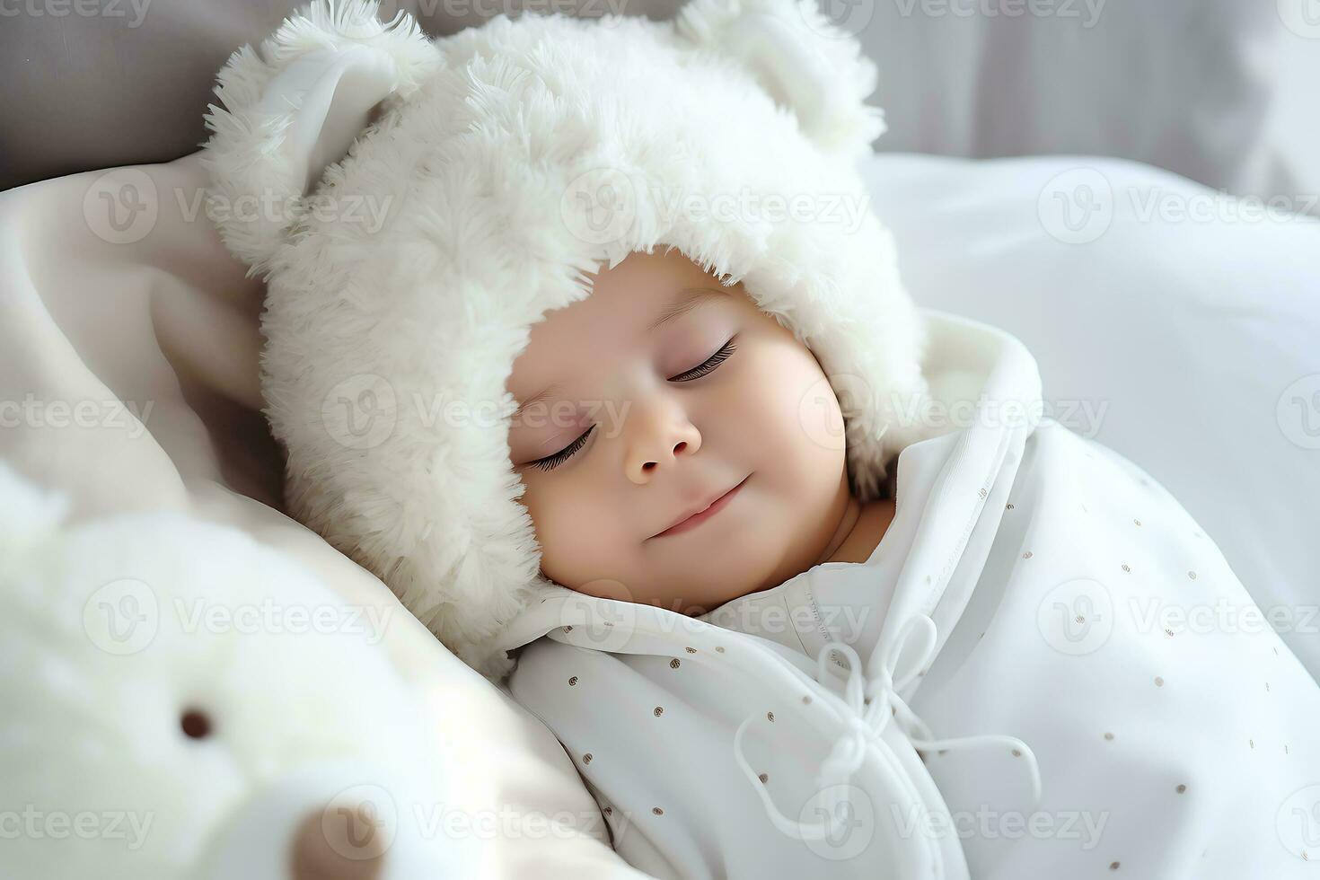 AI Generative. Portrait of a baby sleeping in his bed wearing a white onesie in the shape of a bear. Horizontal photo