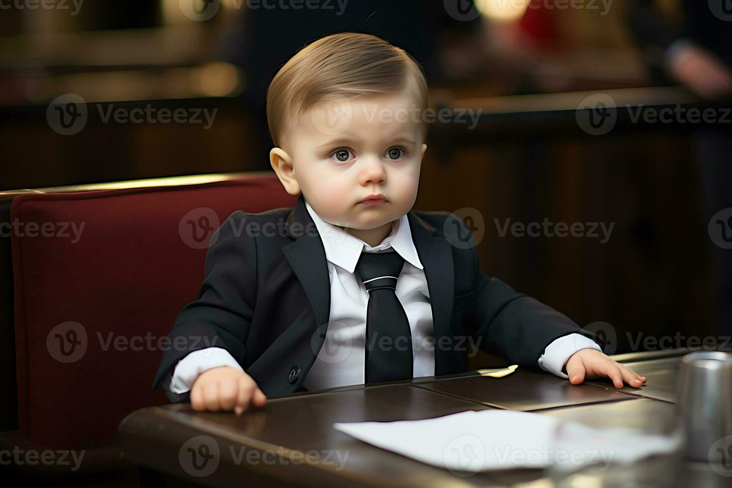 Cute serious toddler boy dressed as a business man sitting at the table. AI Generative photo