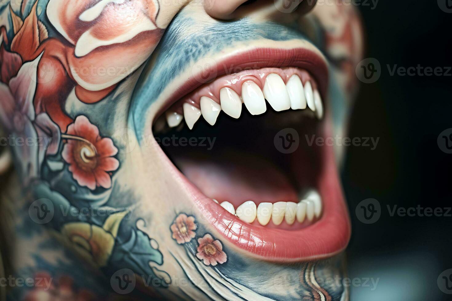 AI Generative. Wide smile with pointed teeth of a young man with tattoos on his face photo