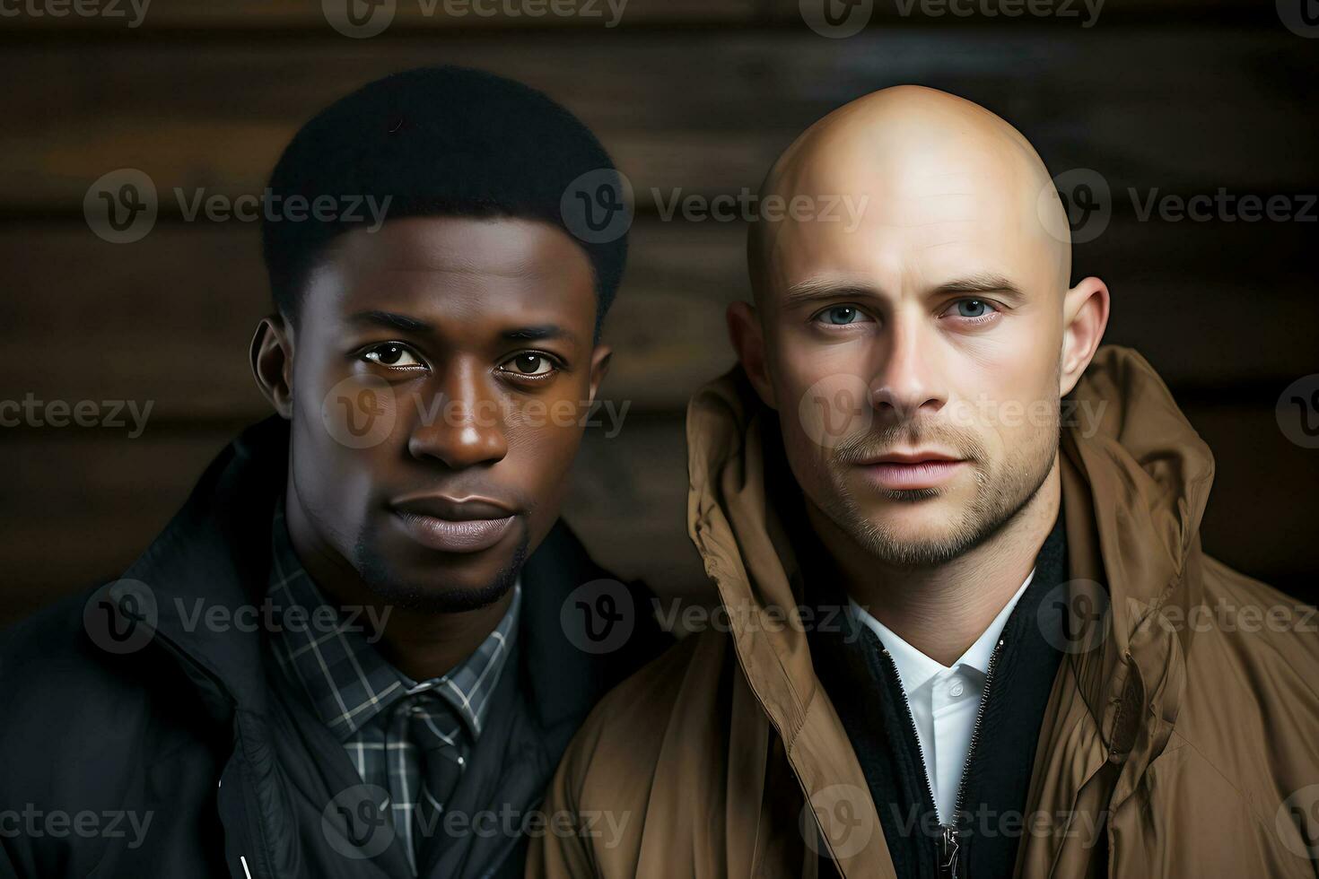 Two adult men of Caucasian and African American appearance in formal wear pose against a dark background. Young men look at the camera seriously. AI Generative photo