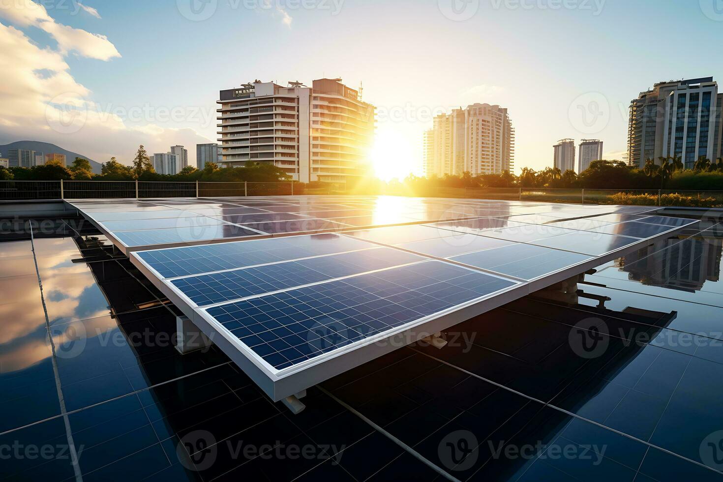 Solar Panel Installation with urban landscape landmarks, alternative electricity source, Sustainable Resources Concept. AI Generative photo