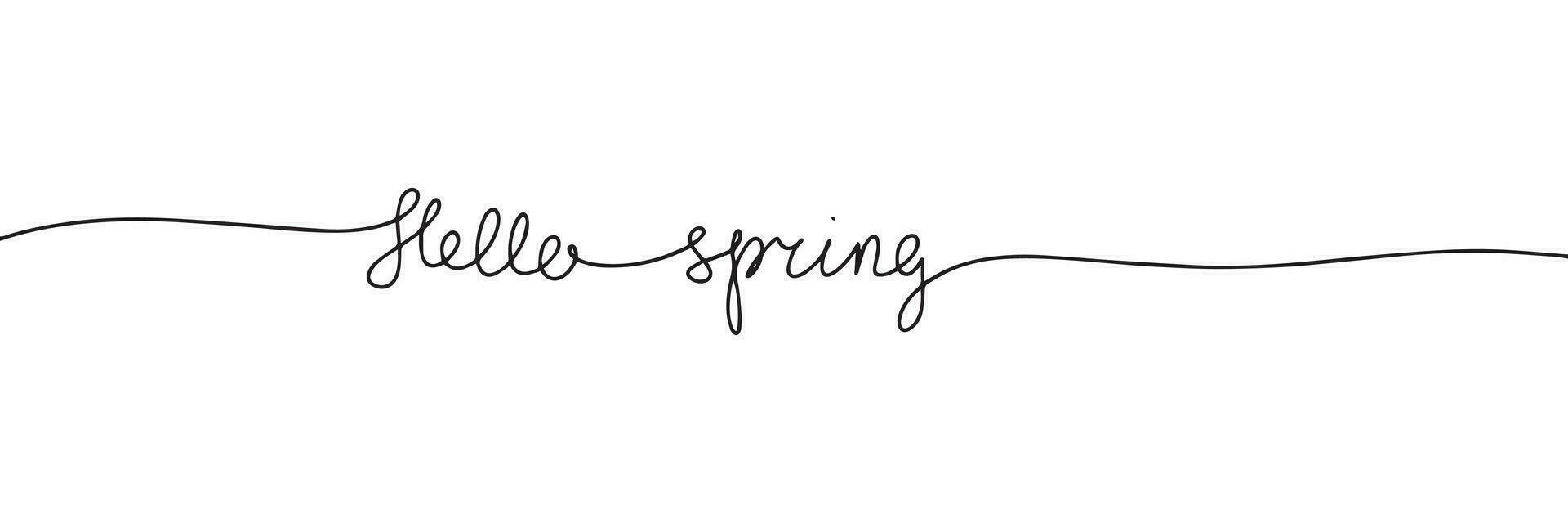 Hello spring one line continuous text banner. Handwriting spring text banner. Short phrase about spring. Vector illustration.