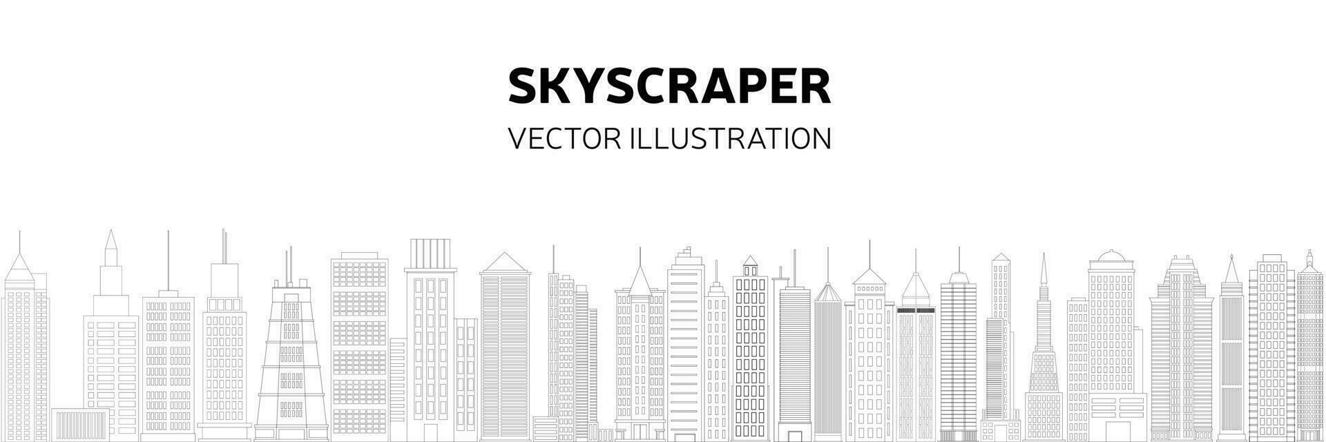Skyscrapers doodle banner. Long horizontal city banner outline. Vector illustration.