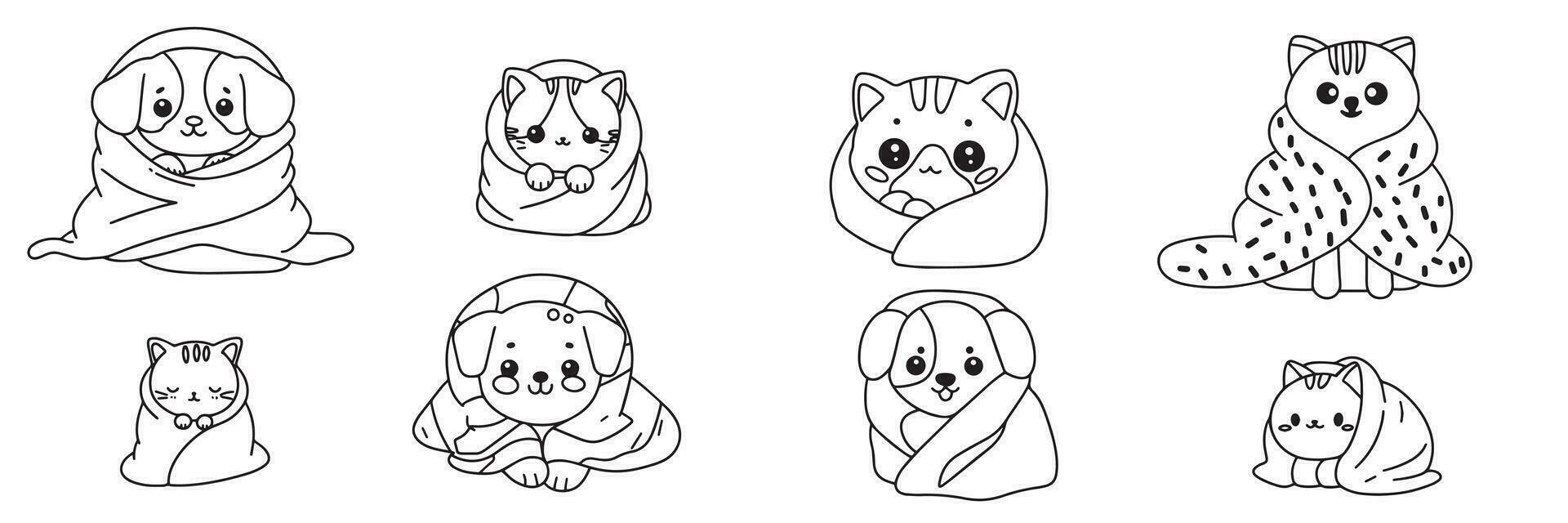 Collection of cute pets in blanket. Puppy on blanket, Kitten in blanket. Cute doodle pets outline set. Vector illustration.