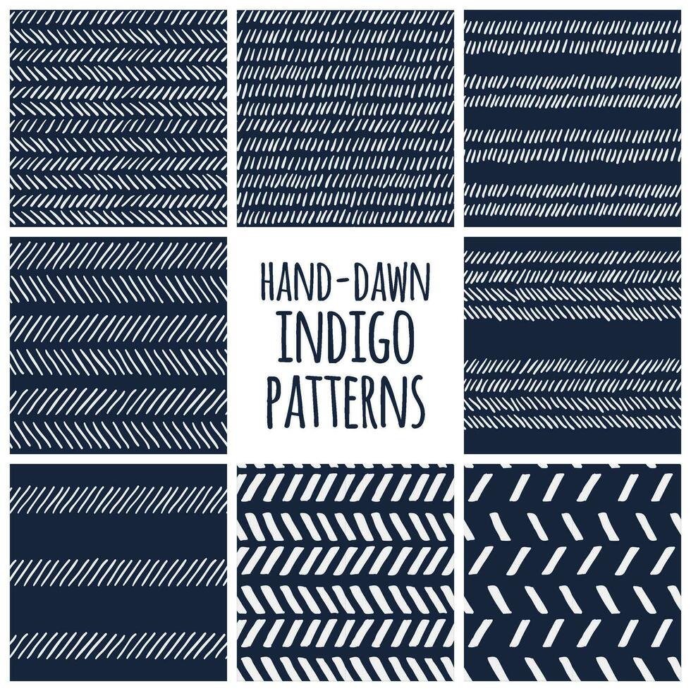 hand drawn indigo patterns set vector