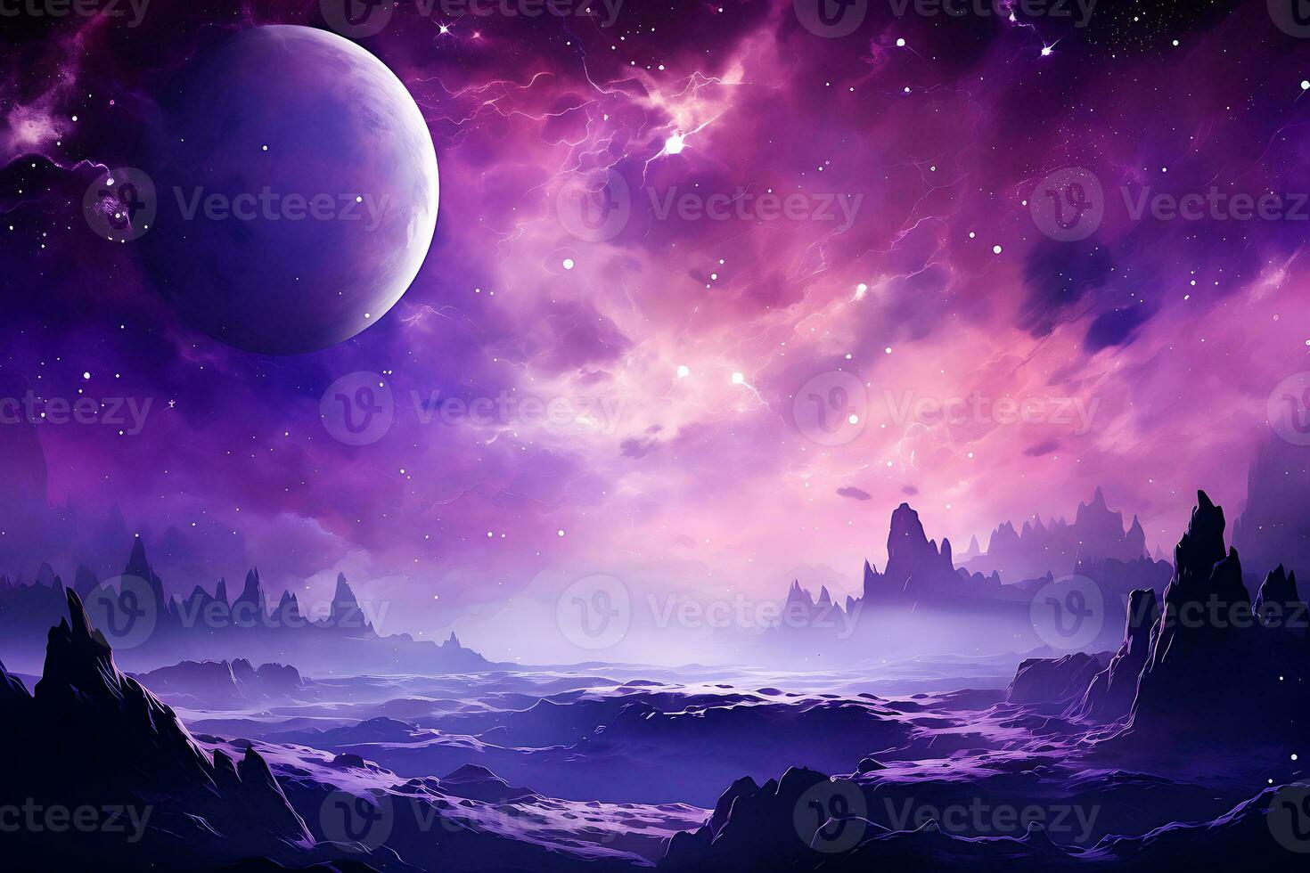 AI Generative. Landscape of a fictional planet with a mountain landscape and a starry sky. Horizontal illustration photo