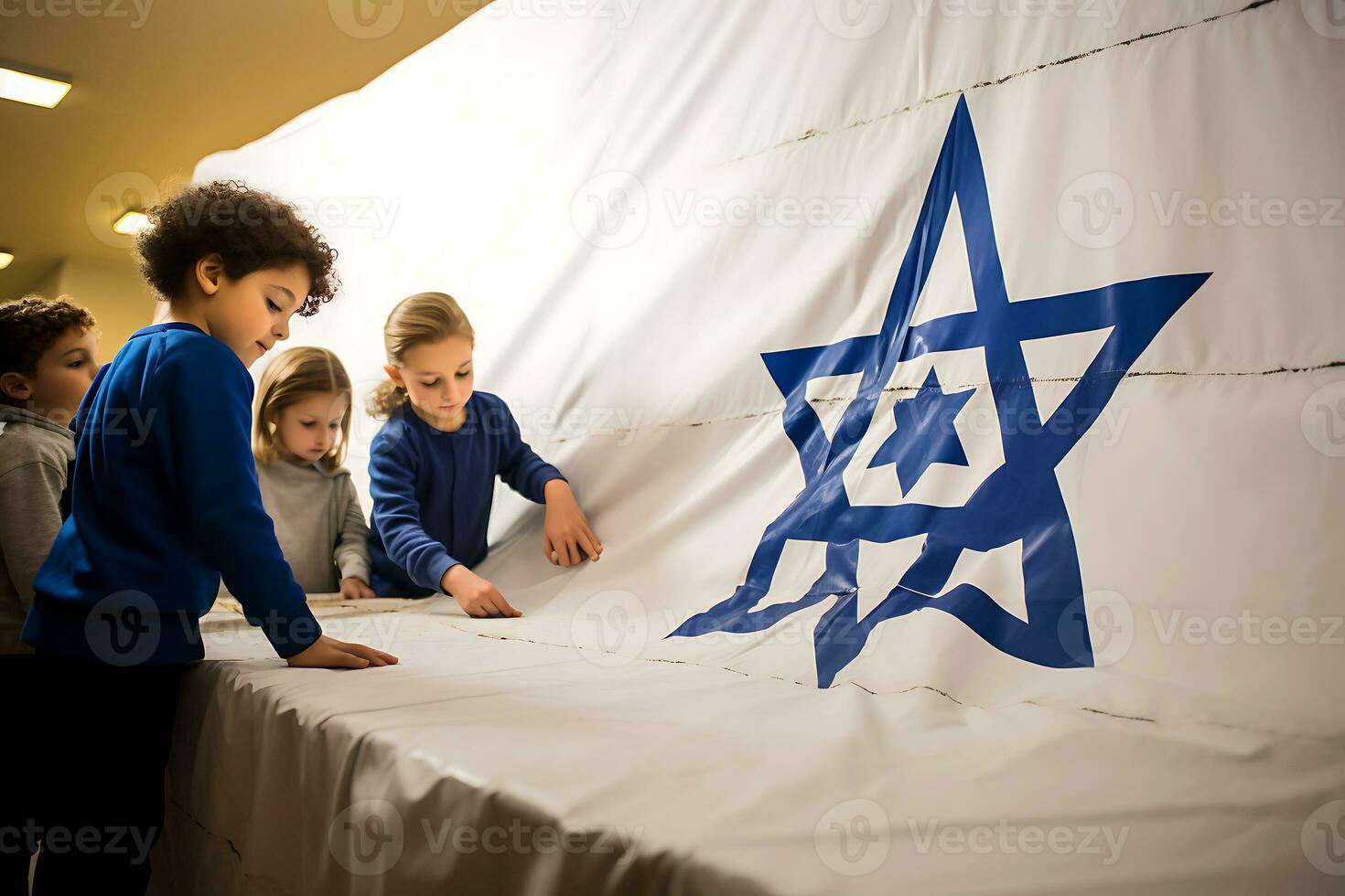 AI generative. A group of children drew a Star of David on a white canvas photo