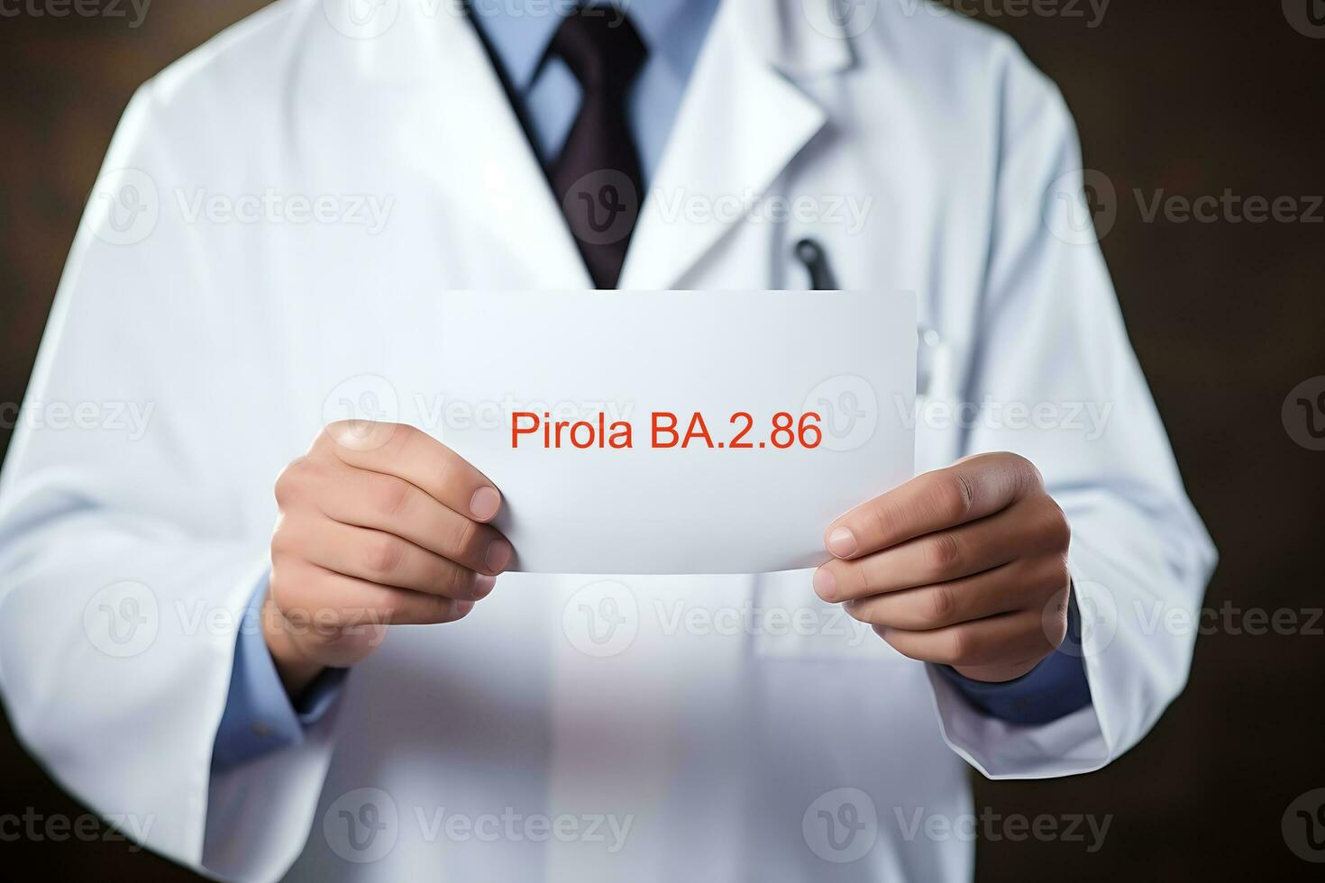 AI Generative. New COVID-19 variant, BA.2.86 . Doctor is holding leaflet with the inscription Pirola variant photo