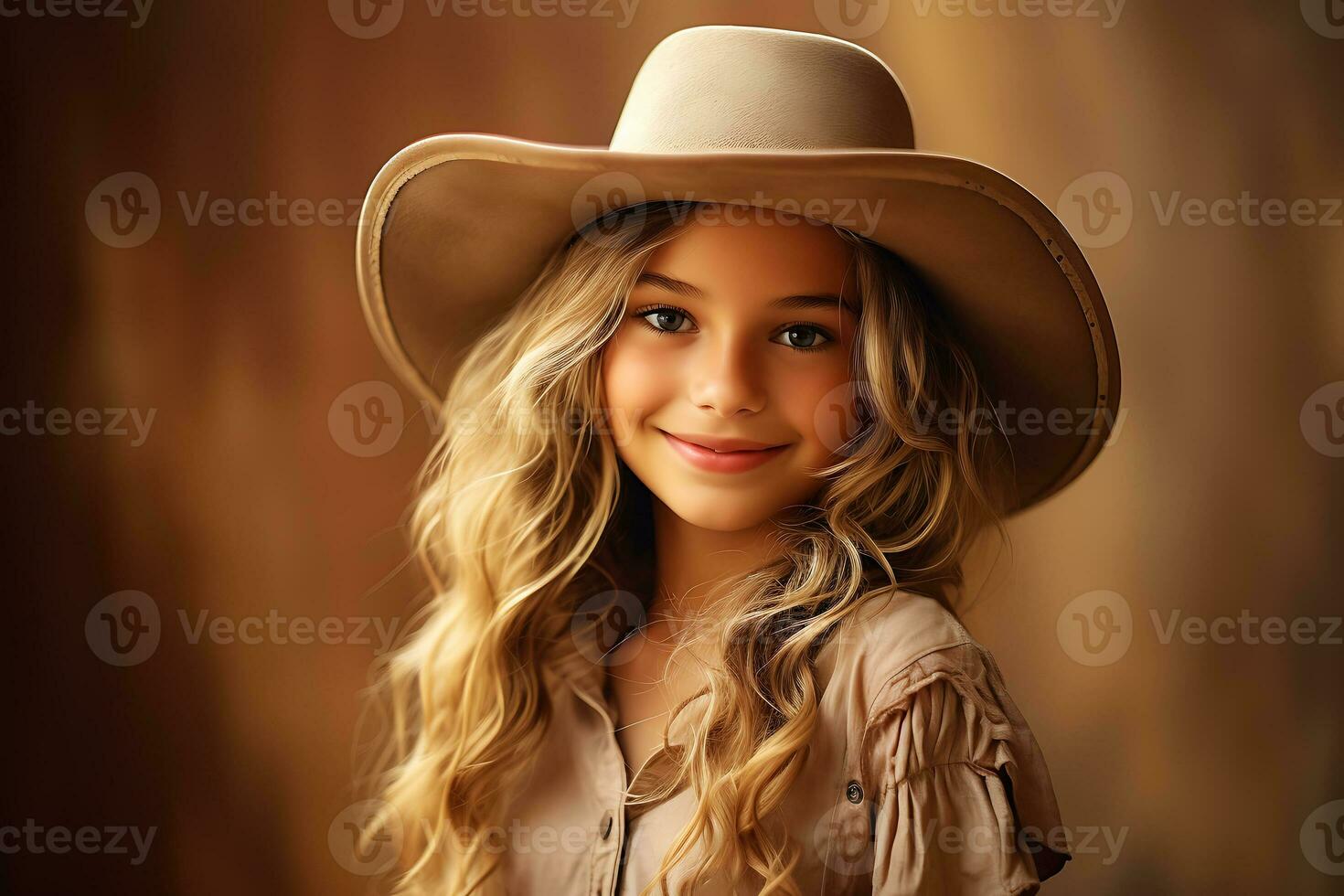 AI Generative. Cowgirl child in cowboy hat posing on brown background, smiling and looking at camera. Horizontal photo