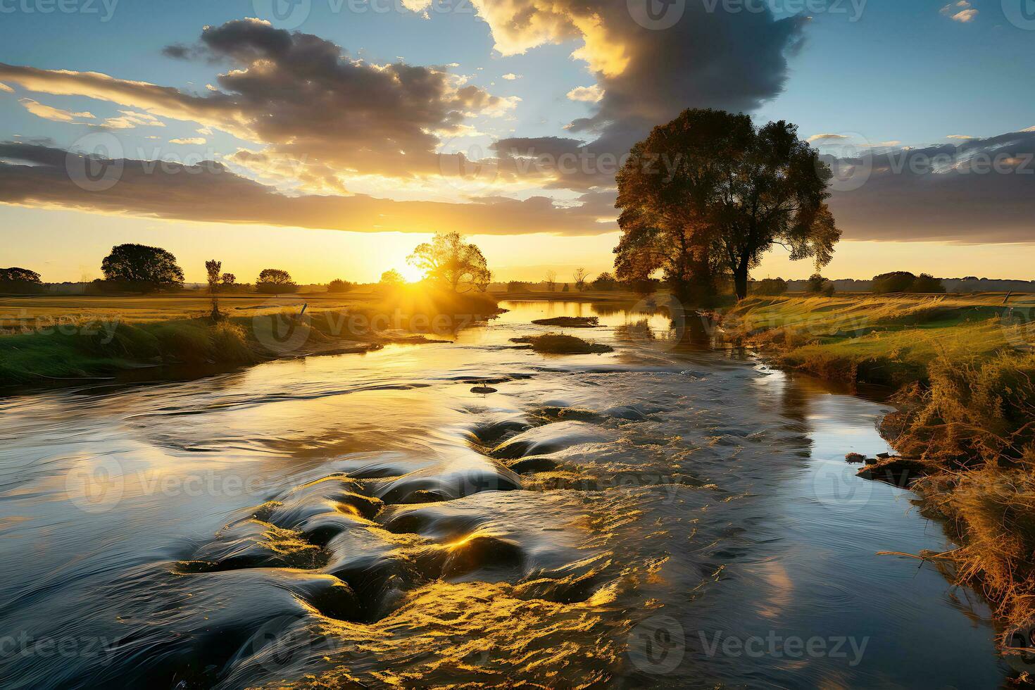 View of the valley in which the river flows between the picturesque meadows. The sun is visible above the horizont. AI Generative photo