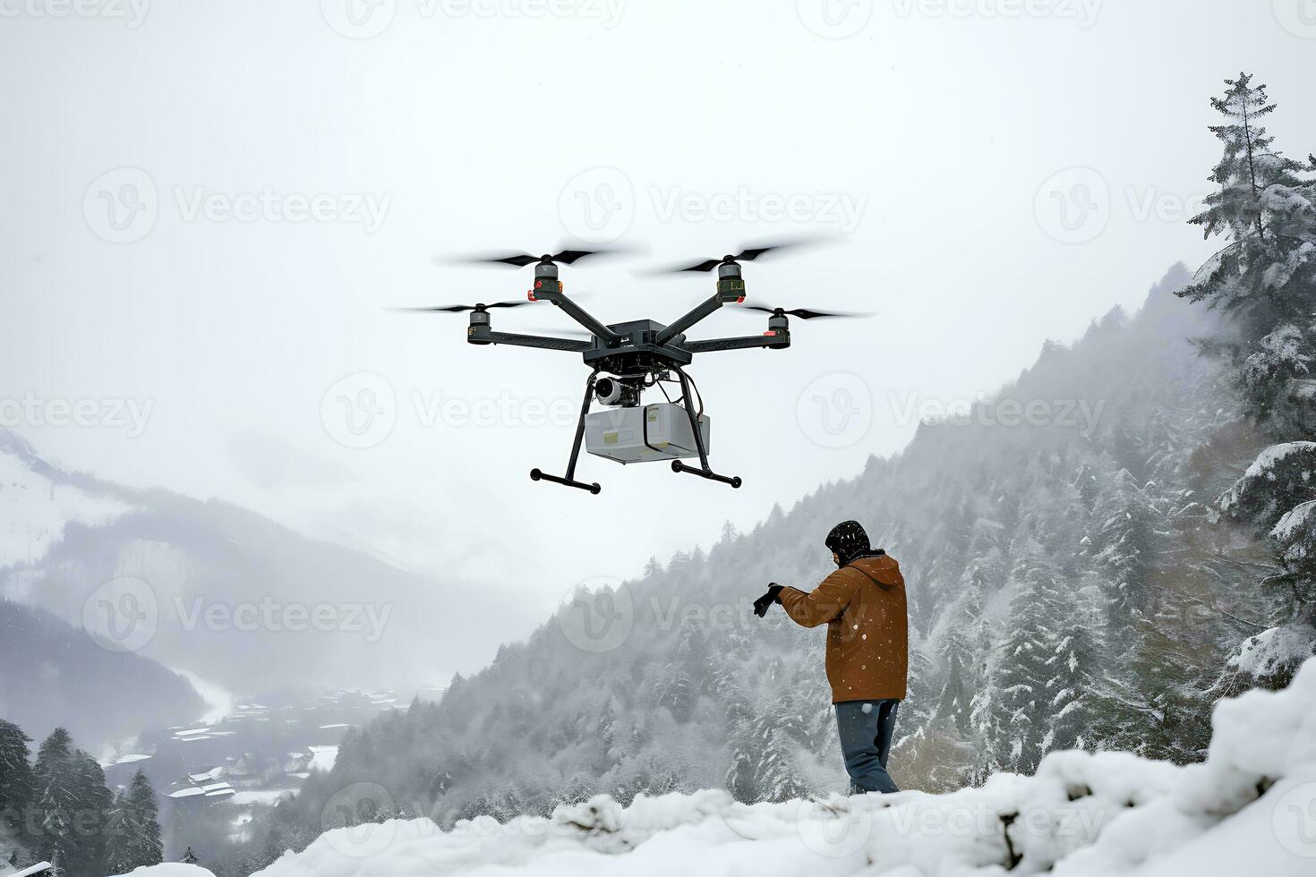 AI generative. Drone delivery of cargo through a winter forest in snowfall photo