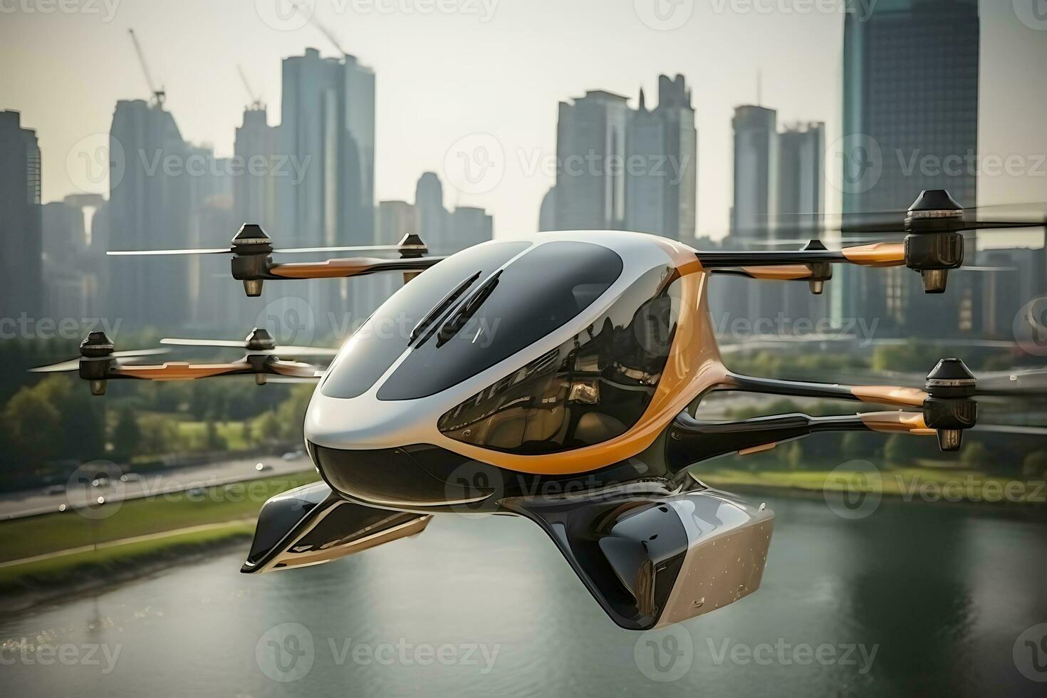 ai generativo. ciudad aire Taxi, autónomo alta velocidad zumbido aeronave, futuro de aire movilidad foto