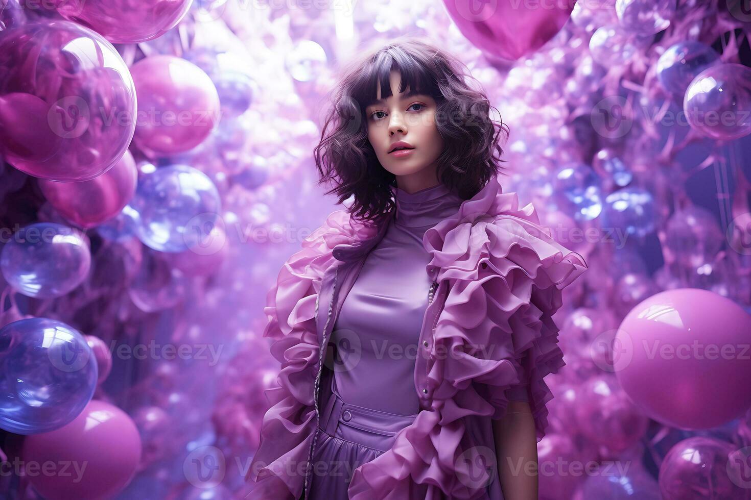 AI Generative. A slender model dressed in a purple suit and jacket with frills poses against the backdrop of a decor of many balloons. Horizontal photo