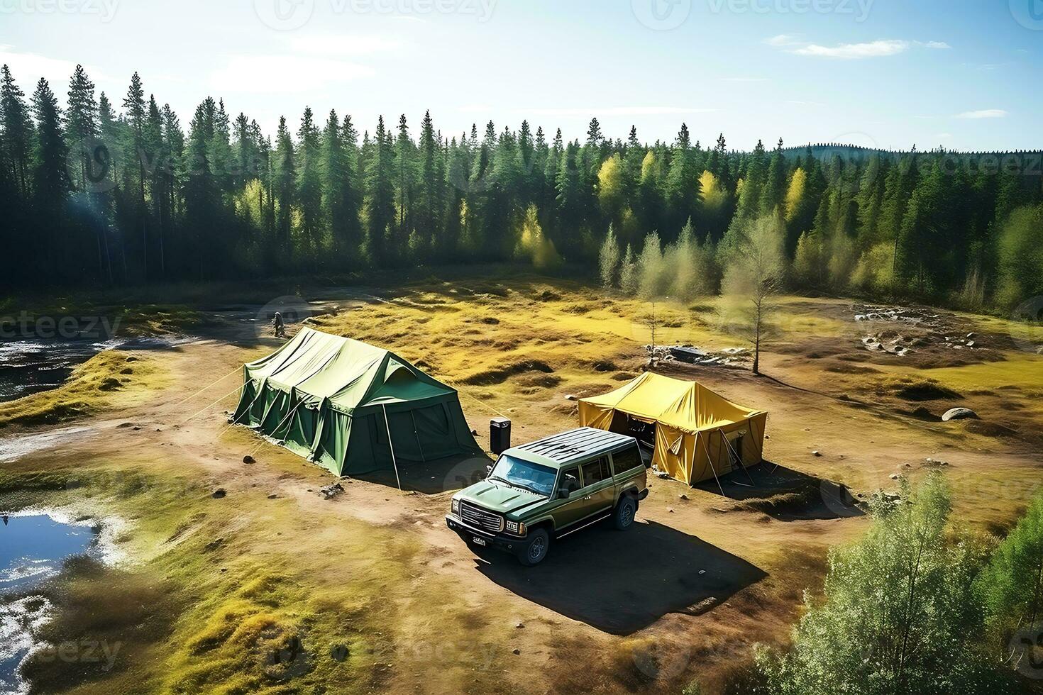 Tourist tents stand on the lawn in the middle of the forest in sunny weather. There is a car next to the tents. Drone view.AI Generative photo